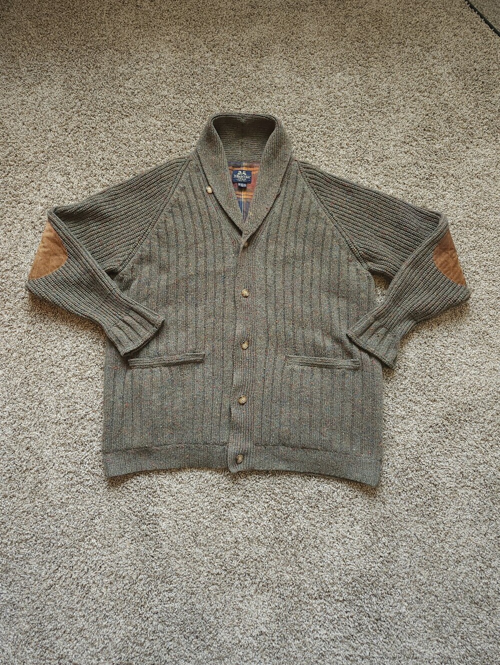 Willis Geiger Mens Shawl Collar Cardigan Wool Sweater Elbow Pads Plaid Size XL